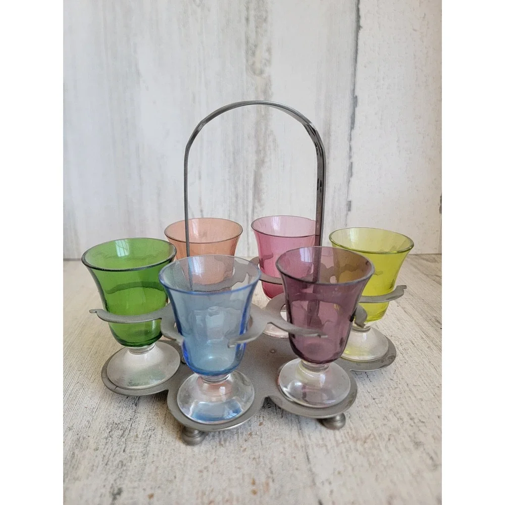 Vintage rainbow Farber ware art deco shot tray metal multi color set home
